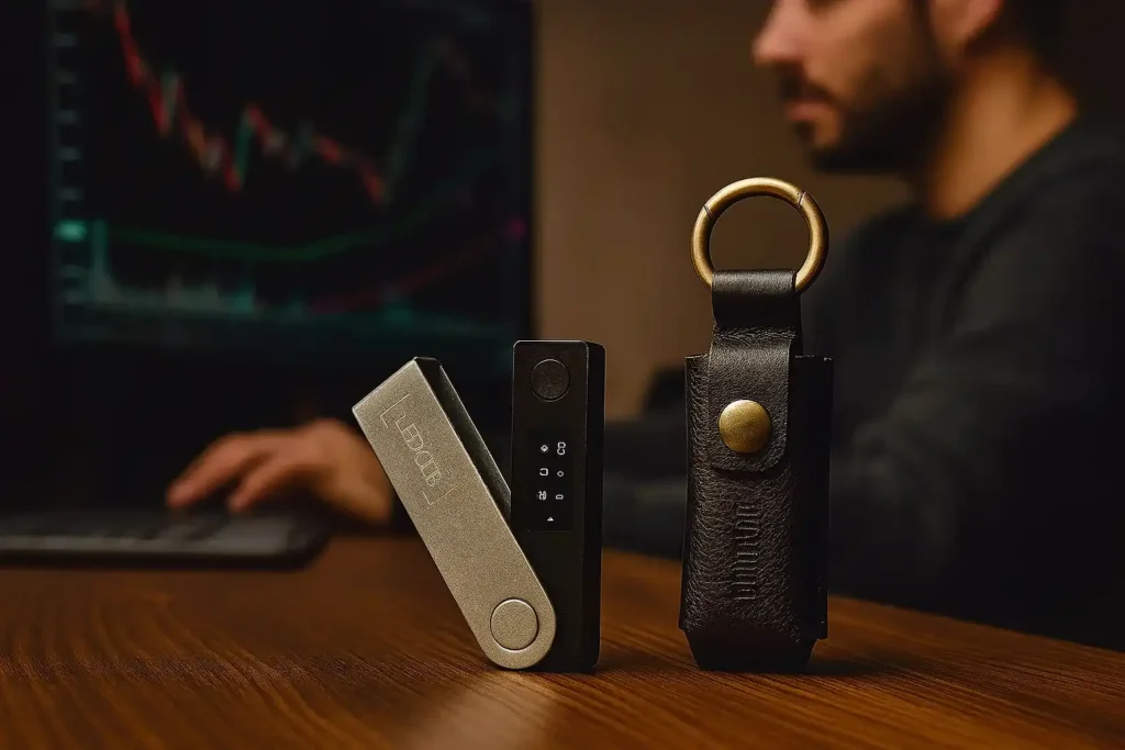 کیف محافظ چرمی Ledger Nano X مدل بیتس از چرم دنپارد بر روی میز تریدر در حال معامله ارز دیجیتال
