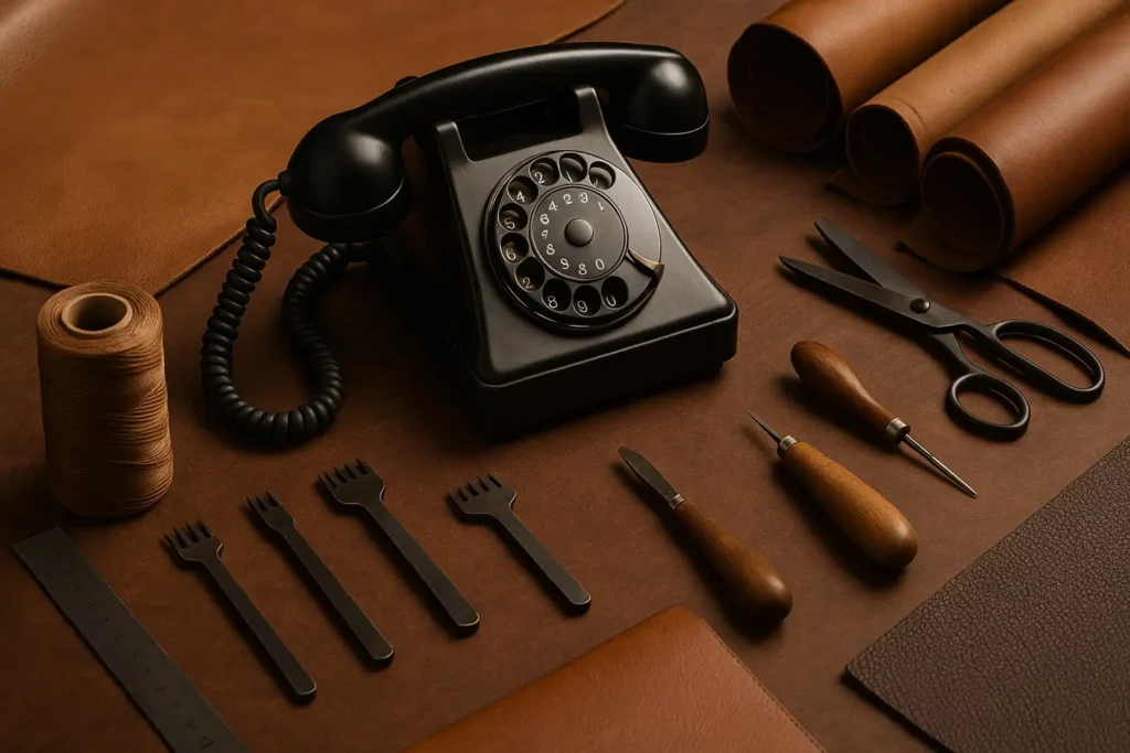 میز کار چرم‌دوزی با ابزارهای چرمدوزی و تلفن قدیمی مشکی روی چرم قهوه‌ای – نمایی از کارگاه تولید محصولات چرمی دنپارد